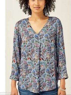 Women's V-Neck Floral Bird Print Blouse - Blue